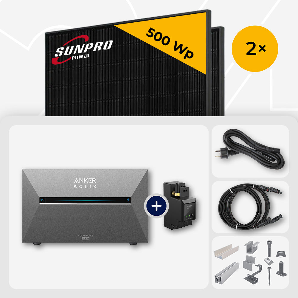 1000 Wp Balkonkraftwerk mit Speicher - 2x SunPro 500 Wp Full Black bifazial & Anker Solix Solarbank 3 Pro