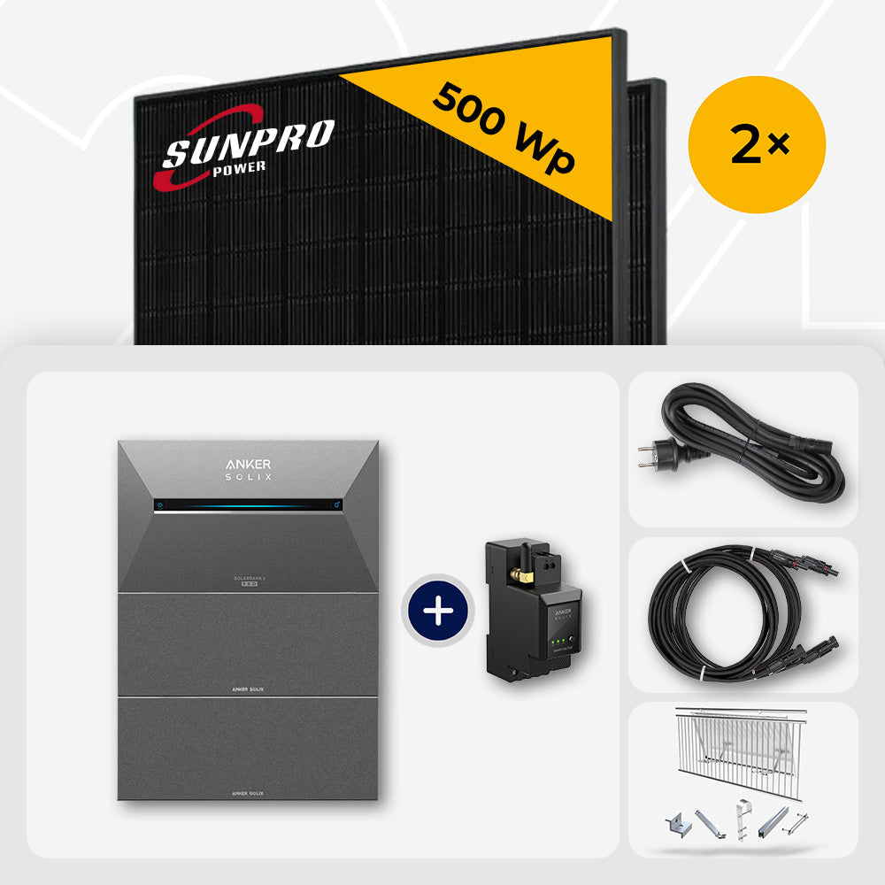 1000 Wp Balkonkraftwerk mit Speicher - 2x SunPro 500 Wp Full Black bifazial & Anker Solix Solarbank 3 Pro