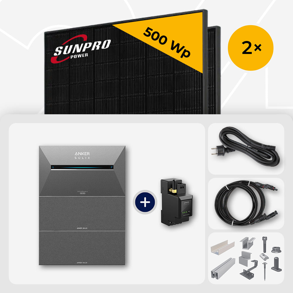 1000 Wp Balkonkraftwerk mit Speicher - 2x SunPro 500 Wp Full Black bifazial & Anker Solix Solarbank 3 Pro