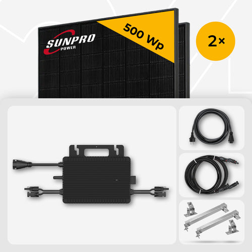 1000 Wp Balkonkraftwerk - 2x SunPro 500 Wp Full Black bifazial & Hoymiles HMS-800-2WB HiFlow Pro Wechselrichter