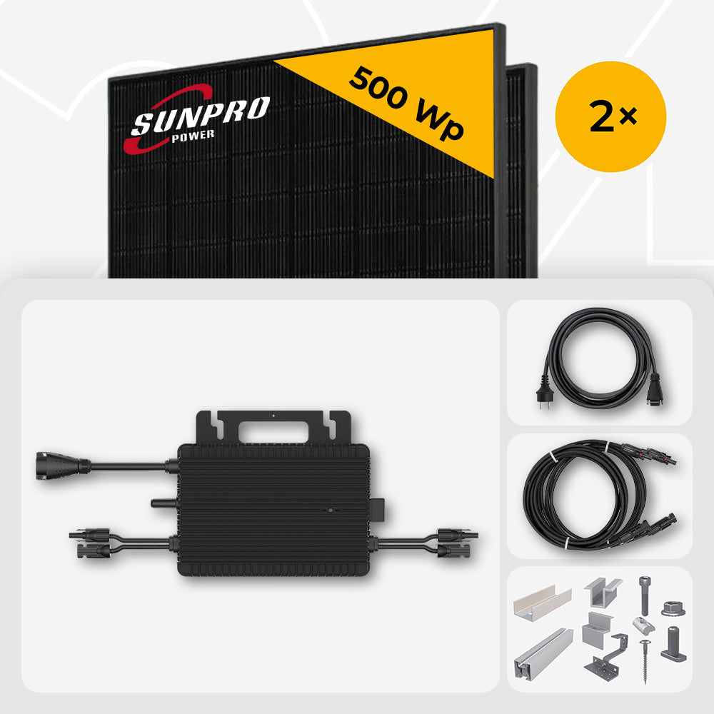 1000 Wp Balkonkraftwerk - 2x SunPro 500 Wp Full Black bifazial & Hoymiles HMS-800-2WB HiFlow Pro Wechselrichter