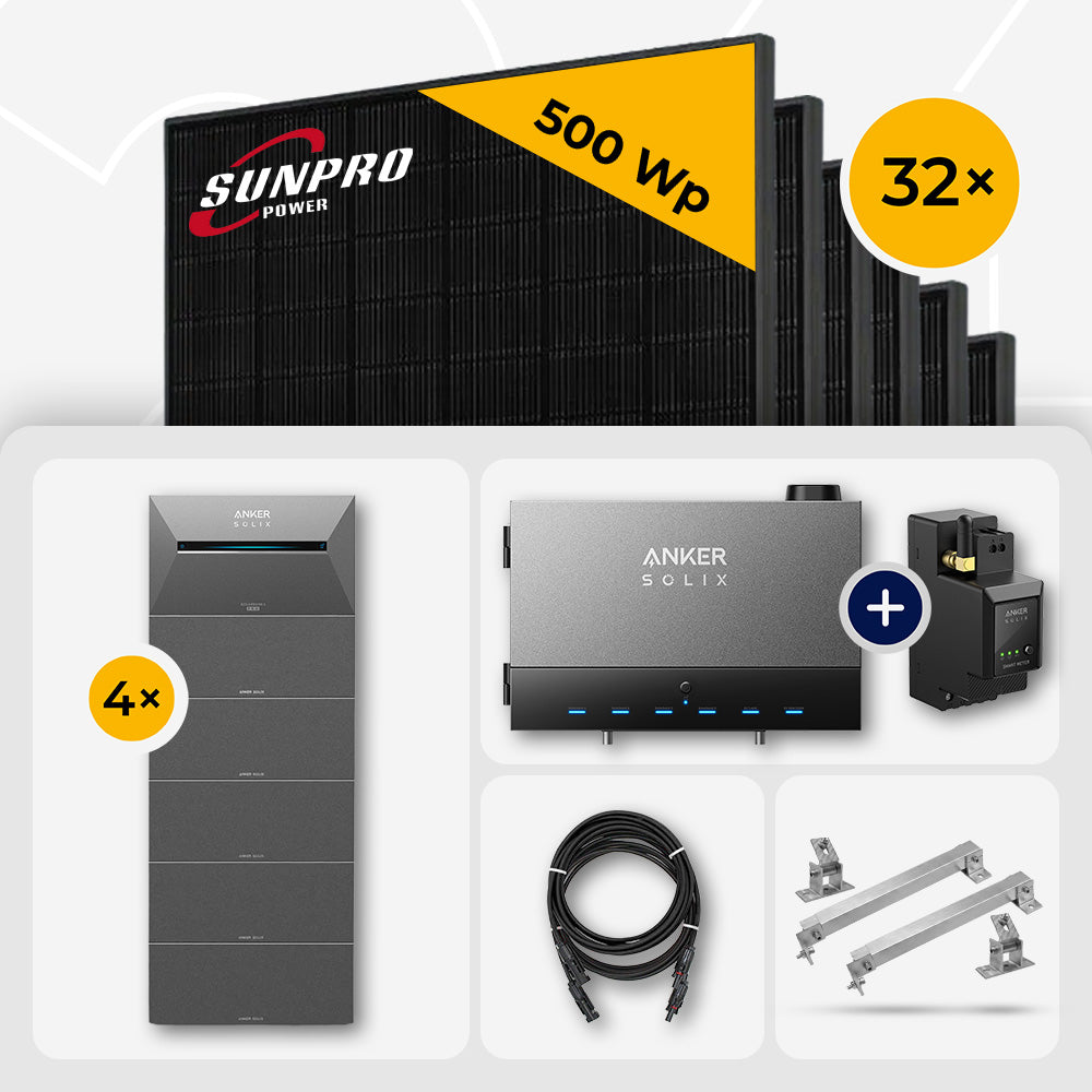 16 kWp Anker Solix PV Komplettset Power Dock + Solarbank 3 Pro & 32x SunPro 500W Bifazial Glas-Glas Full Black