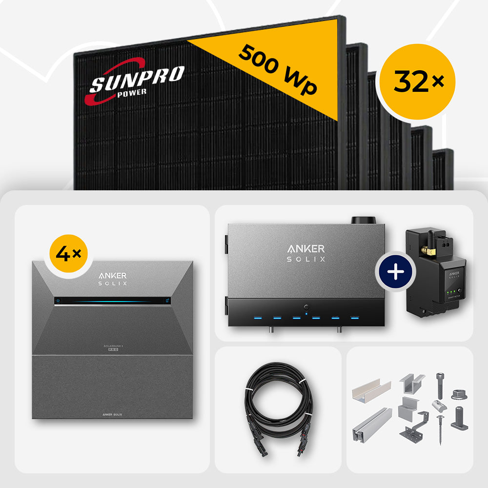 16 kWp Anker Solix PV Komplettset Power Dock + Solarbank 3 Pro & 32x SunPro 500W Bifazial Glas-Glas Full Black
