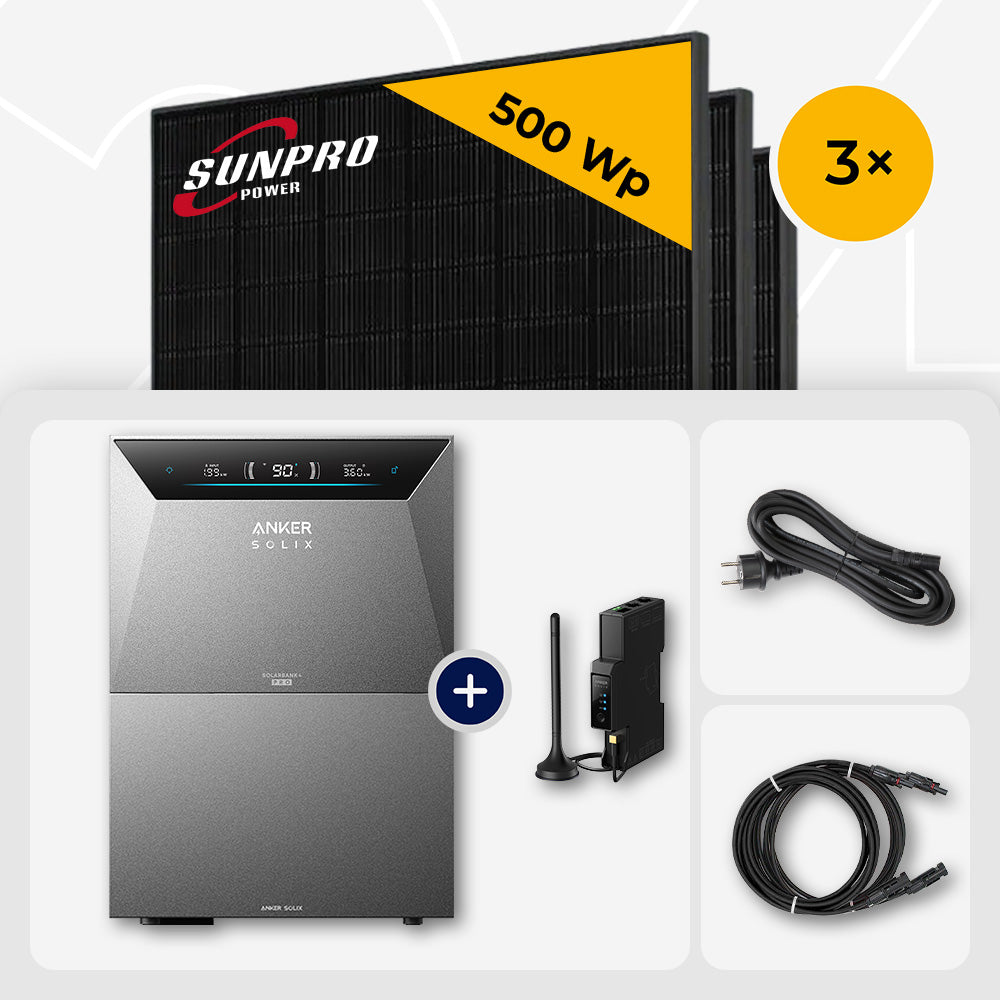 1500 Wp Balkonkraftwerk mit Speicher – 3x SunPro 500 Wp Full Black bifazial & Anker Solix Solarbank 4 Pro