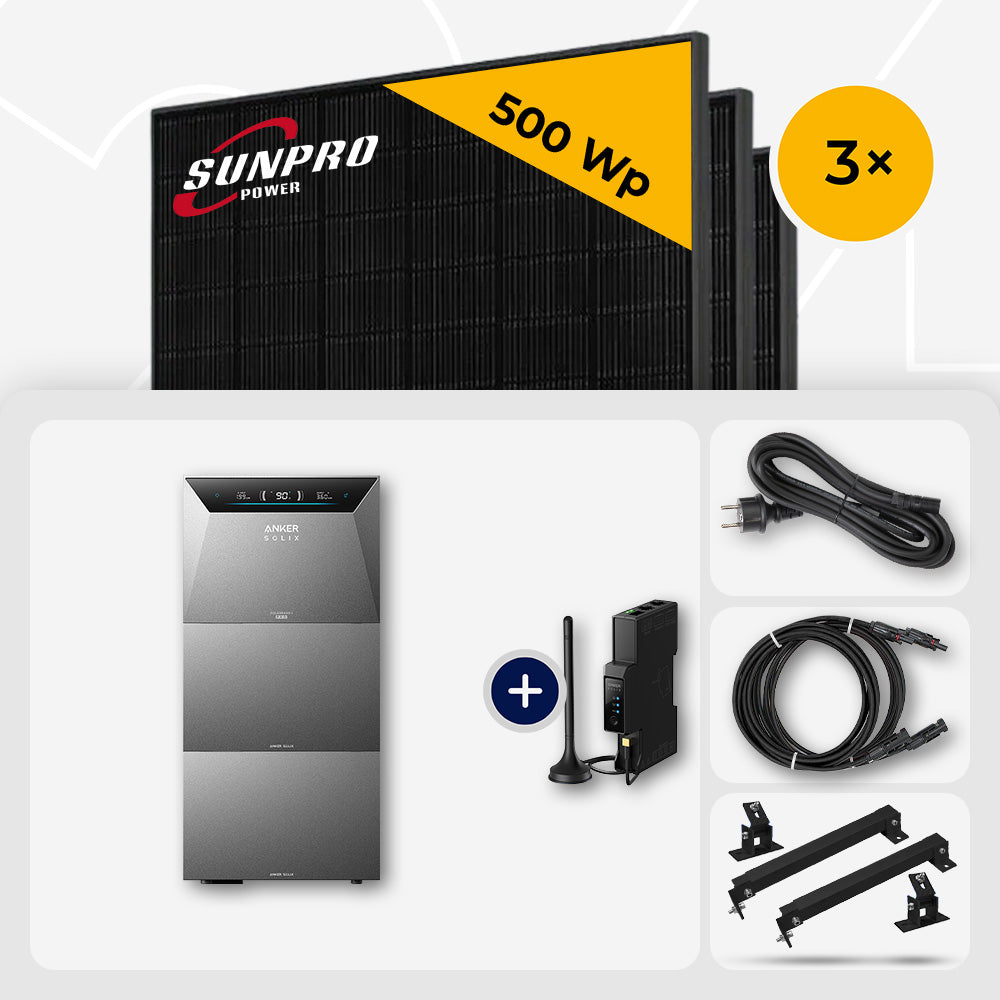 1500 Wp Balkonkraftwerk mit Speicher – 3x SunPro 500 Wp Full Black bifazial & Anker Solix Solarbank 4 Pro