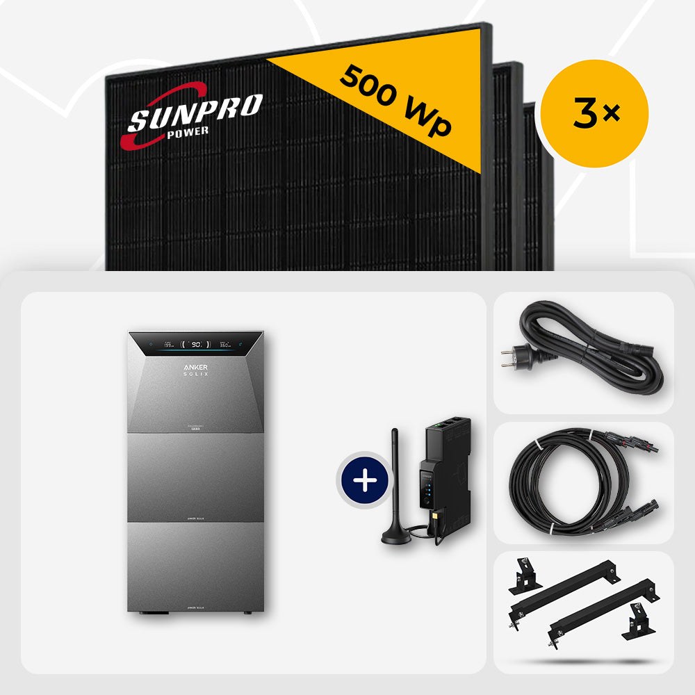 1500 Wp Balkonkraftwerk mit Speicher – 3x SunPro 500 Wp Full Black bifazial & Anker Solix Solarbank 4 Pro