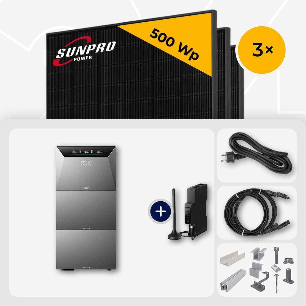 1500 Wp Balkonkraftwerk mit Speicher – 3x SunPro 500 Wp Full Black bifazial & Anker Solix Solarbank 4 Pro