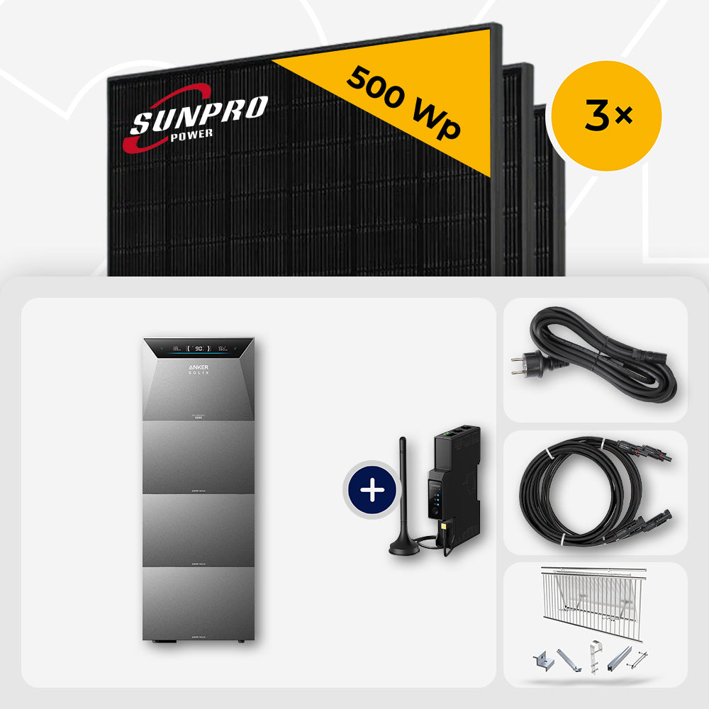 1500 Wp Balkonkraftwerk mit Speicher – 3x SunPro 500 Wp Full Black bifazial & Anker Solix Solarbank 4 Pro