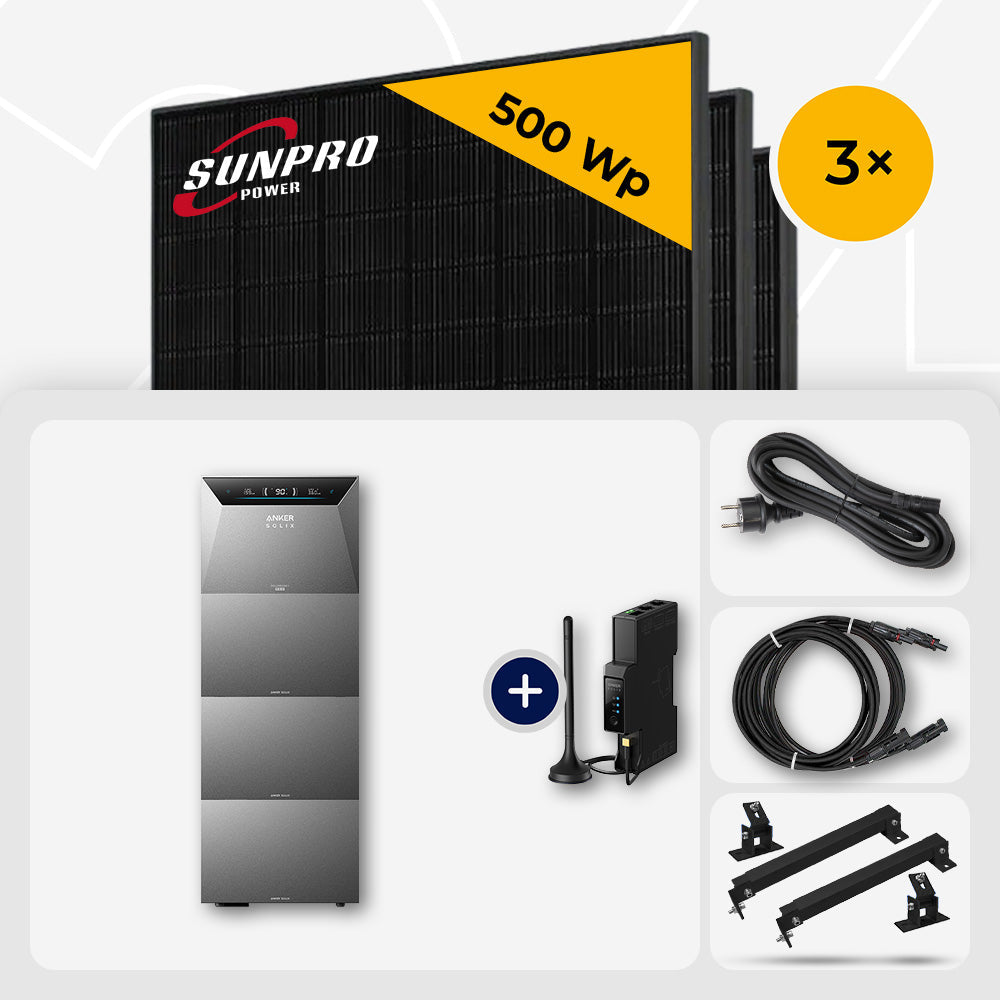 1500 Wp Balkonkraftwerk mit Speicher – 3x SunPro 500 Wp Full Black bifazial & Anker Solix Solarbank 4 Pro