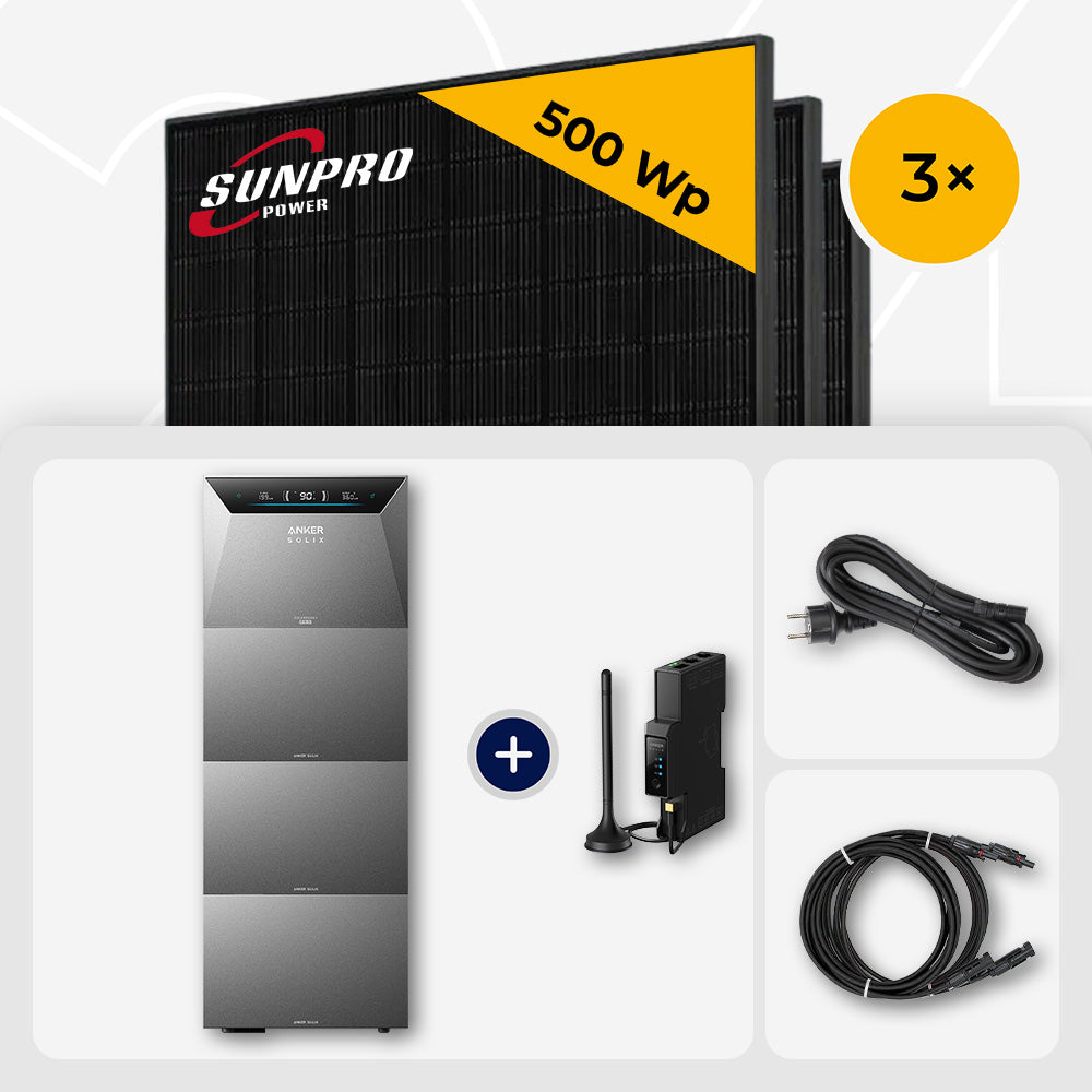 1500 Wp Balkonkraftwerk mit Speicher – 3x SunPro 500 Wp Full Black bifazial & Anker Solix Solarbank 4 Pro