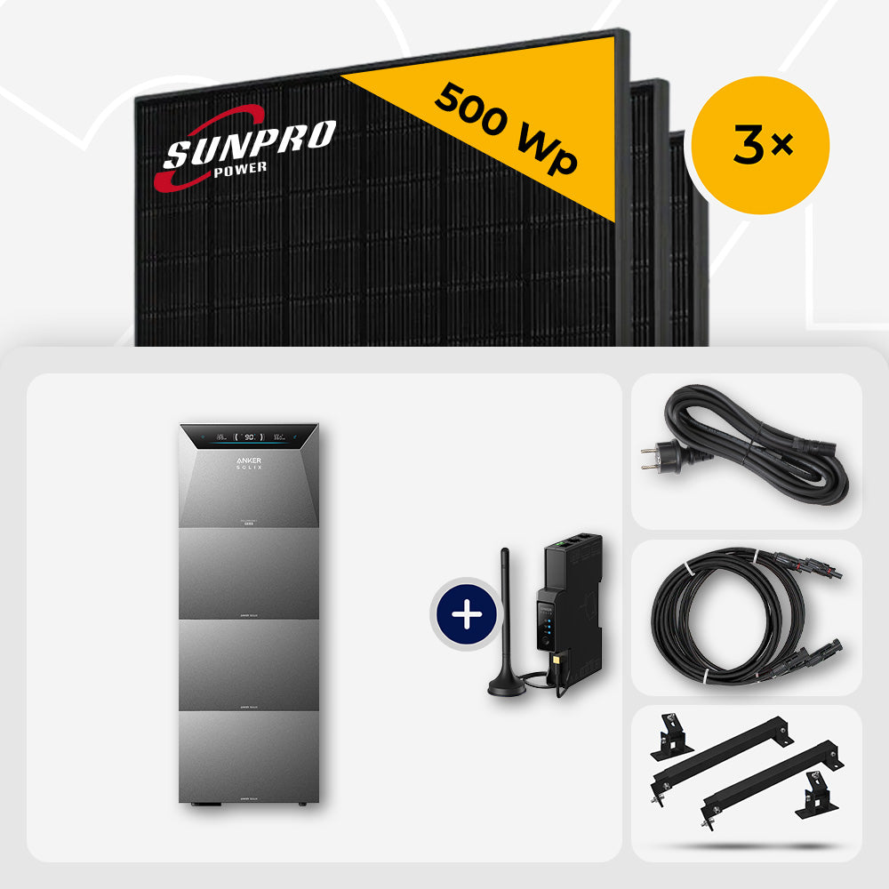 1500 Wp Balkonkraftwerk mit Speicher – 3x SunPro 500 Wp Full Black bifazial & Anker Solix Solarbank 4 Pro