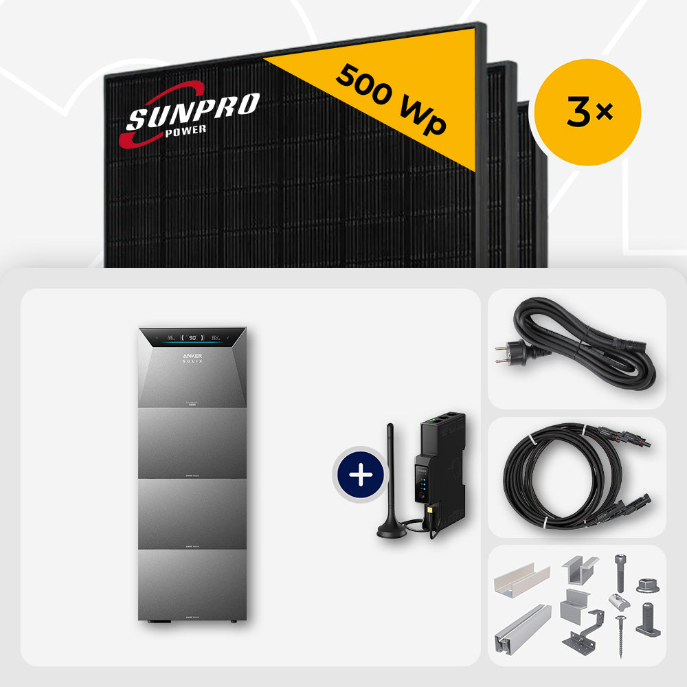 1500 Wp Balkonkraftwerk mit Speicher – 3x SunPro 500 Wp Full Black bifazial & Anker Solix Solarbank 4 Pro