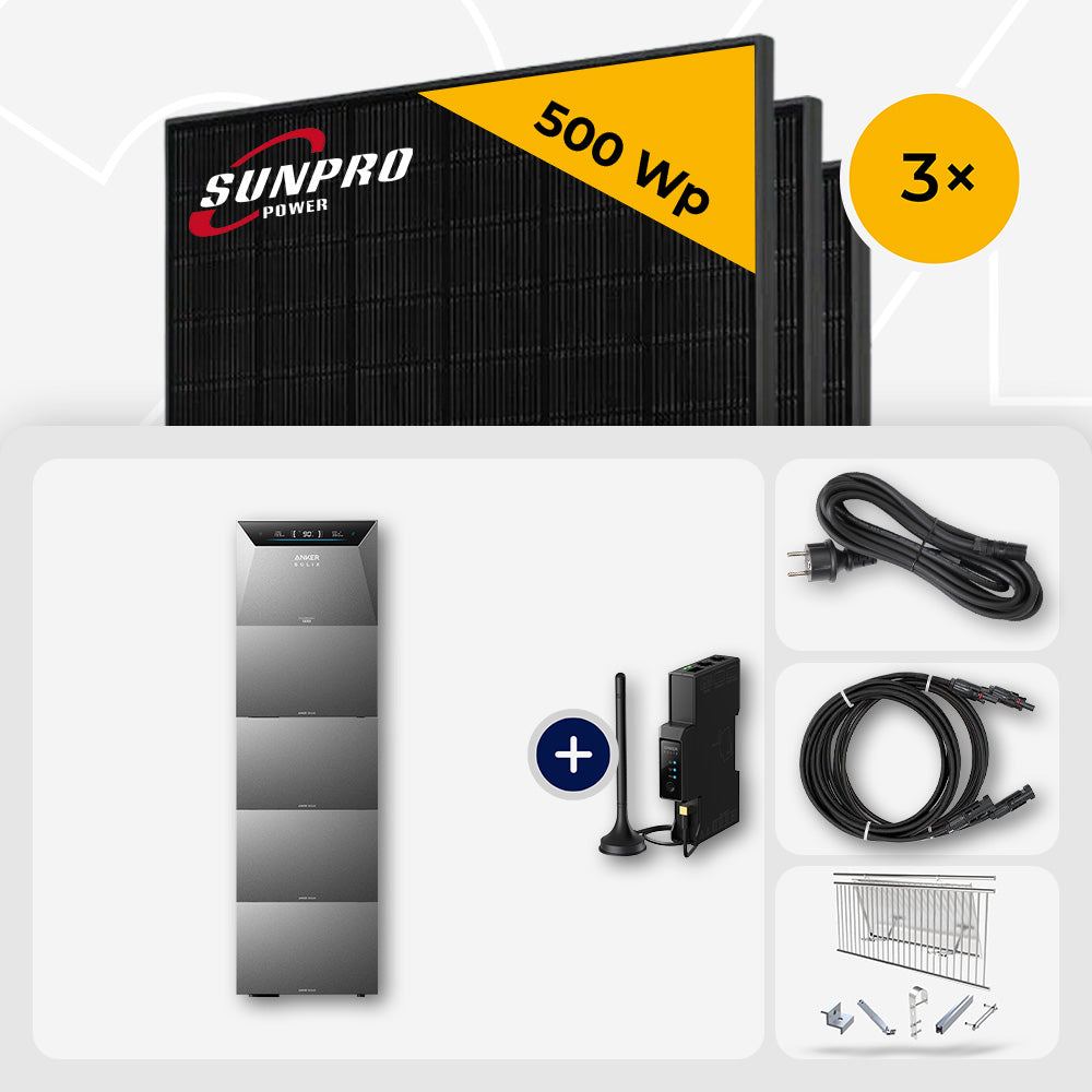 1500 Wp Balkonkraftwerk mit Speicher – 3x SunPro 500 Wp Full Black bifazial & Anker Solix Solarbank 4 Pro