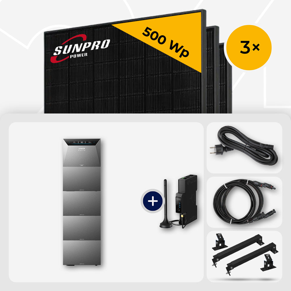 1500 Wp Balkonkraftwerk mit Speicher – 3x SunPro 500 Wp Full Black bifazial & Anker Solix Solarbank 4 Pro