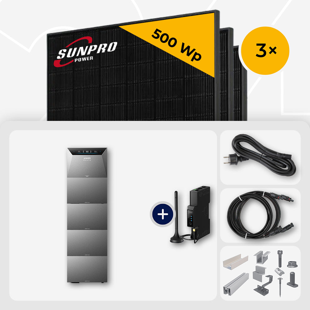 1500 Wp Balkonkraftwerk mit Speicher – 3x SunPro 500 Wp Full Black bifazial & Anker Solix Solarbank 4 Pro