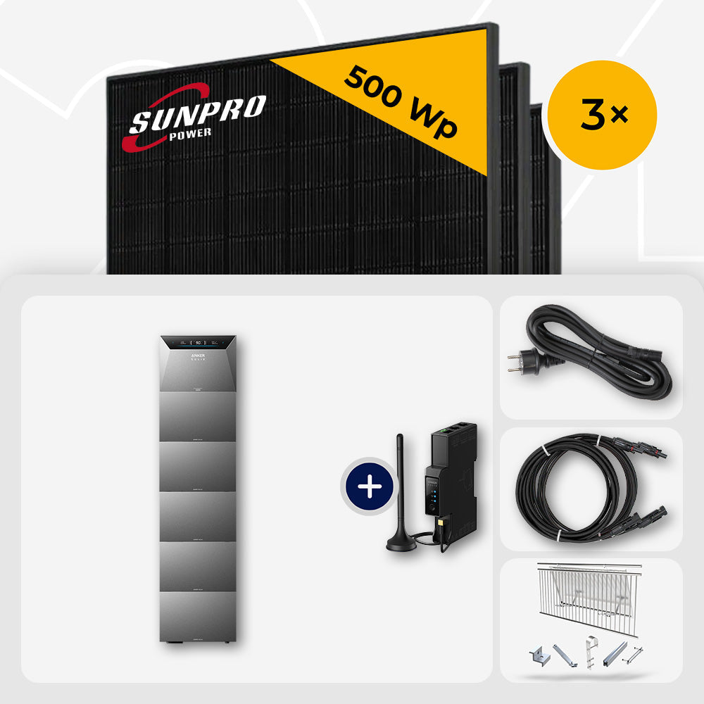1500 Wp Balkonkraftwerk mit Speicher – 3x SunPro 500 Wp Full Black bifazial & Anker Solix Solarbank 4 Pro