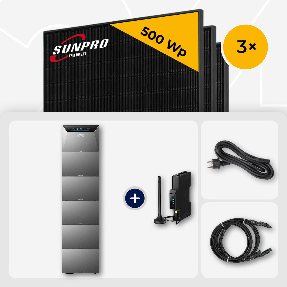 1500 Wp Balkonkraftwerk mit Speicher – 3x SunPro 500 Wp Full Black bifazial & Anker Solix Solarbank 4 Pro