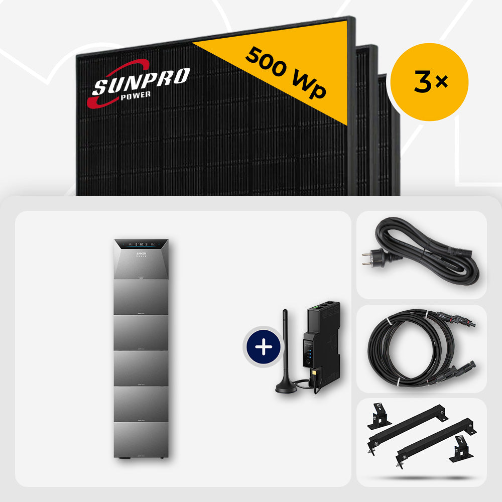 1500 Wp Balkonkraftwerk mit Speicher – 3x SunPro 500 Wp Full Black bifazial & Anker Solix Solarbank 4 Pro