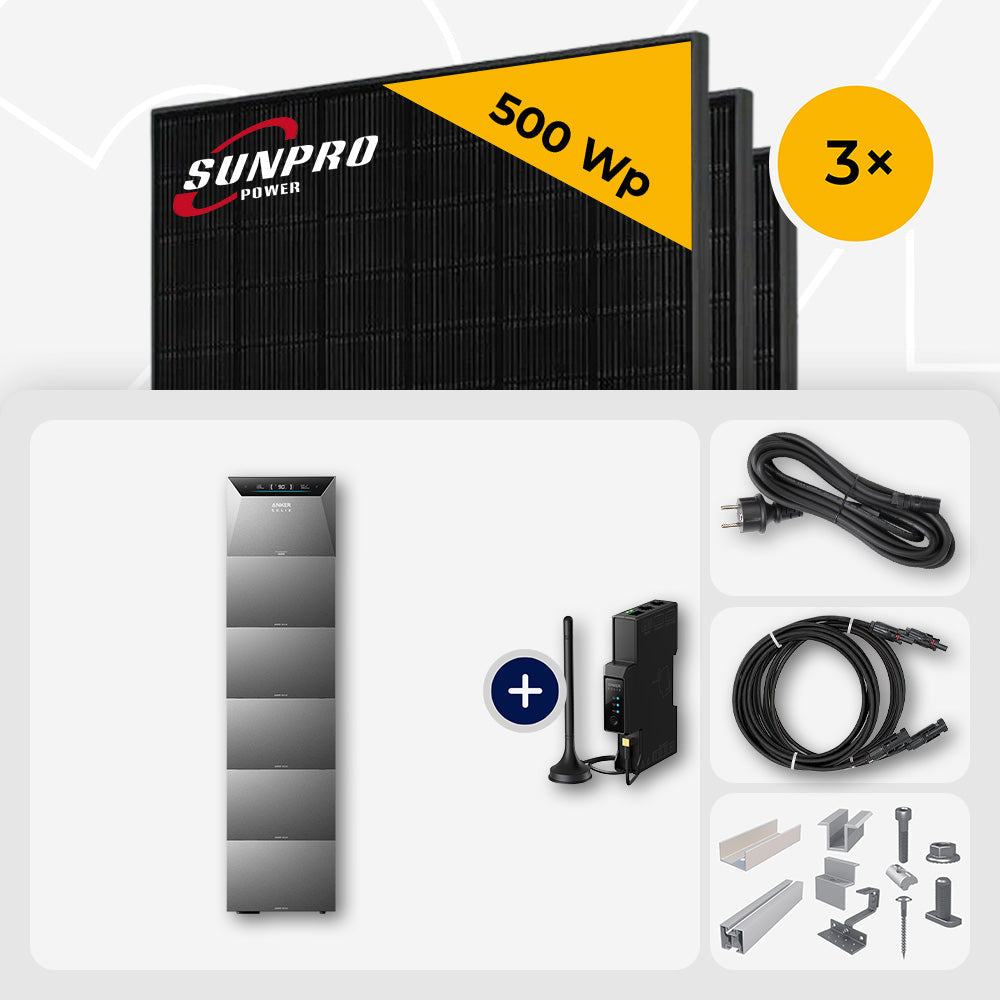 1500 Wp Balkonkraftwerk mit Speicher – 3x SunPro 500 Wp Full Black bifazial & Anker Solix Solarbank 4 Pro