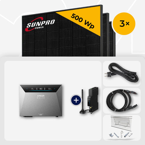 1500 Wp Balkonkraftwerk mit Speicher – 3x SunPro 500 Wp Full Black bifazial & Anker Solix Solarbank 4 Pro