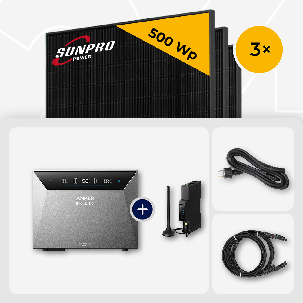 1500 Wp Balkonkraftwerk mit Speicher – 3x SunPro 500 Wp Full Black bifazial & Anker Solix Solarbank 4 Pro