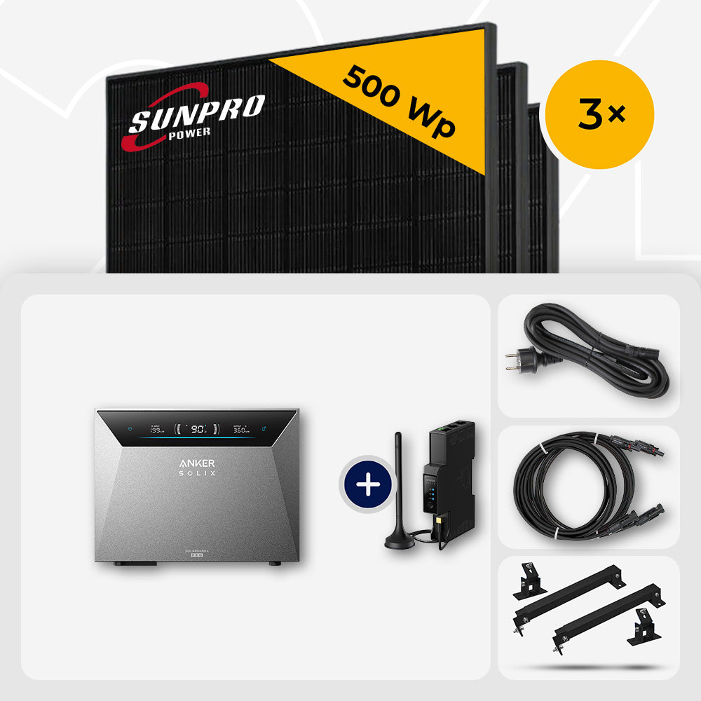 1500 Wp Balkonkraftwerk mit Speicher – 3x SunPro 500 Wp Full Black bifazial & Anker Solix Solarbank 4 Pro