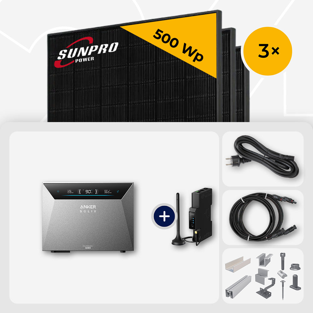 1500 Wp Balkonkraftwerk mit Speicher – 3x SunPro 500 Wp Full Black bifazial & Anker Solix Solarbank 4 Pro