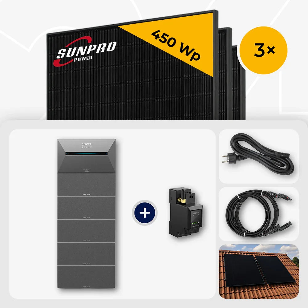 Sunpro 450 Wp Solarmodule, Anker Solix Solarbank, Ziegeldach Set