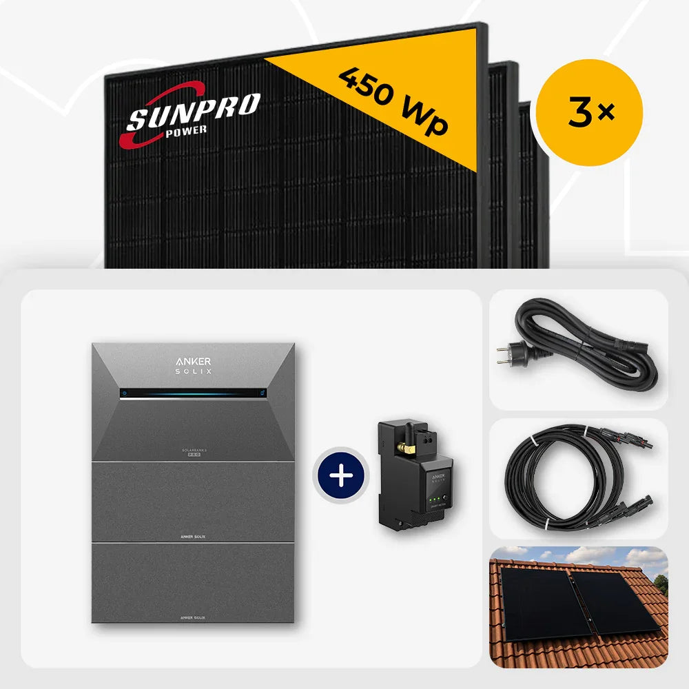 Sunpro 450 Wp Solarmodule, Anker Solix Speicher, Ziegeldach-Set