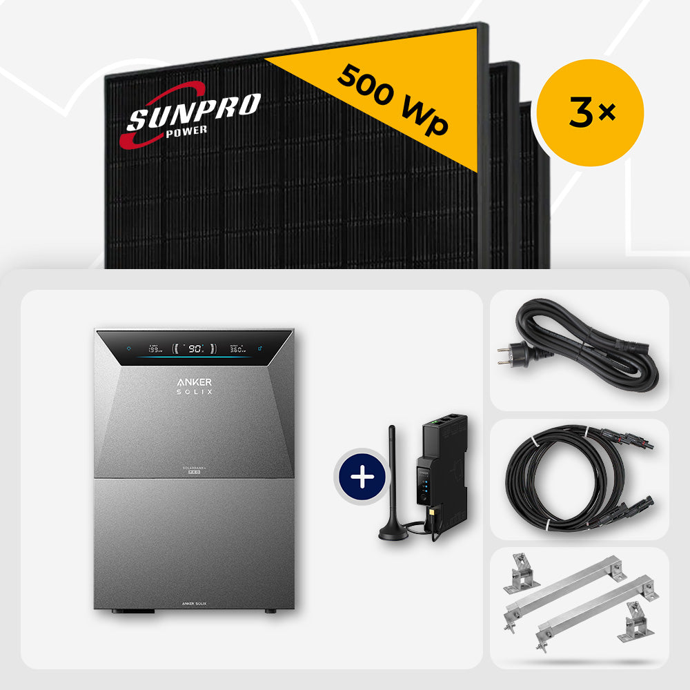 3x SunPro 500 Wp Bifazial Glas-Glas Back-Contact & Anker Solarbank 4 Pro 10.0 kWh - Flachdach/Wand Edelstahl