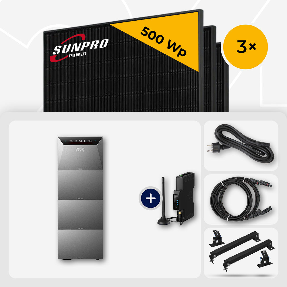 3x SunPro 500 Wp Bifazial Glas-Glas Back-Contact & Anker Solarbank 4 Pro 20.0 kWh - Flachdach/Wand Edelstahl