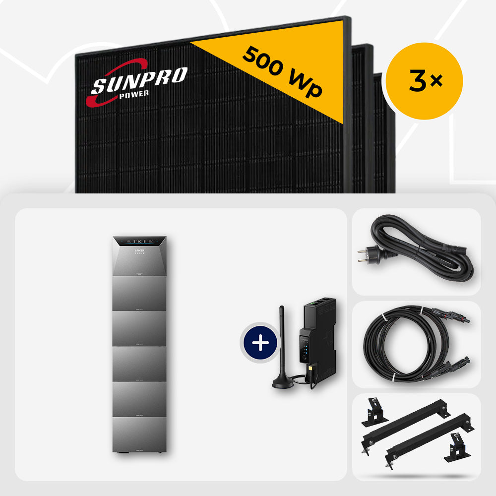 3x SunPro 500 Wp Bifazial Glas-Glas Back-Contact & Anker Solarbank 4 Pro 30.0 kWh - Flachdach/Wand Edelstahl