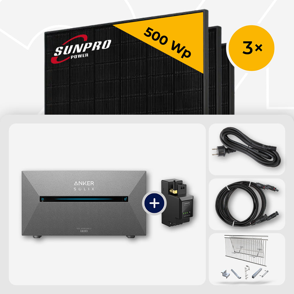 1500 Wp Balkonkraftwerk mit Speicher - 3x SunPro 500 Wp Bifazial Glas-Glas Full Black & Anker Solix Solarbank 2 Pro
