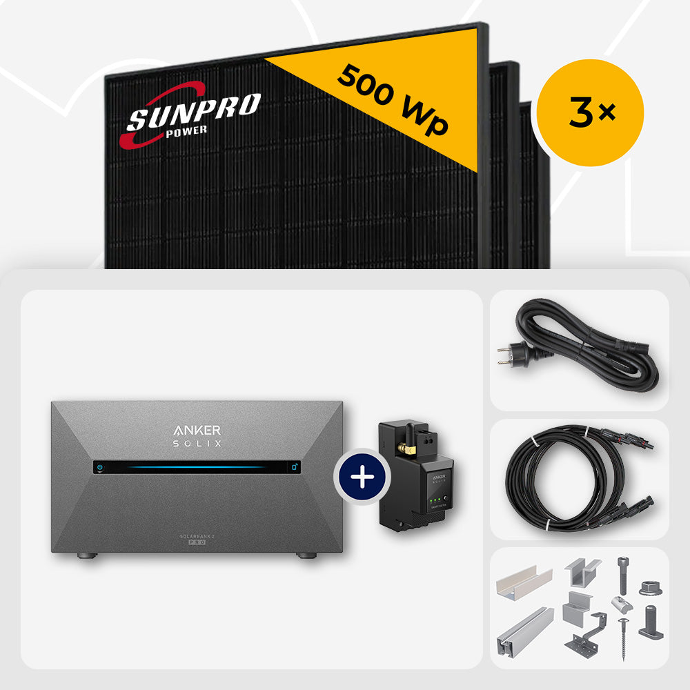 1500 Wp Balkonkraftwerk mit Speicher - 3x SunPro 500 Wp Bifazial Glas-Glas Full Black & Anker Solix Solarbank 2 Pro