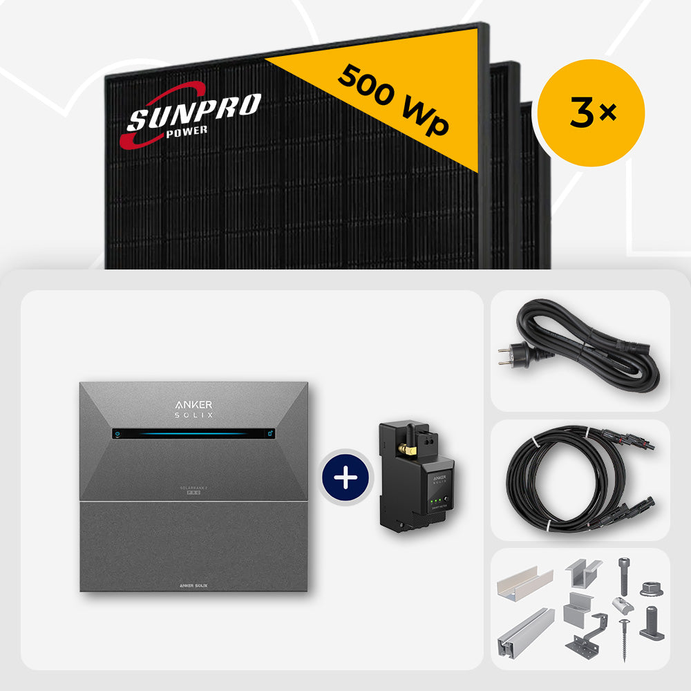 1500 Wp Balkonkraftwerk mit Speicher - 3x SunPro 500 Wp Bifazial Glas-Glas Full Black & Anker Solix Solarbank 2 Pro