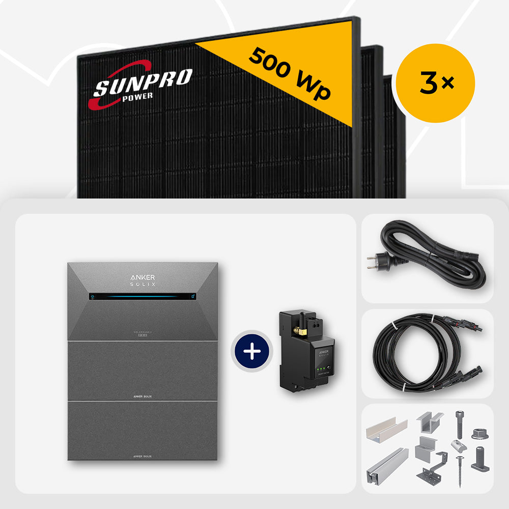 1500 Wp Balkonkraftwerk mit Speicher - 3x SunPro 500 Wp Bifazial Glas-Glas Full Black & Anker Solix Solarbank 2 Pro