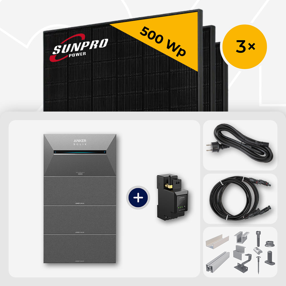 1500 Wp Balkonkraftwerk mit Speicher - 3x SunPro 500 Wp Bifazial Glas-Glas Full Black & Anker Solix Solarbank 2 Pro
