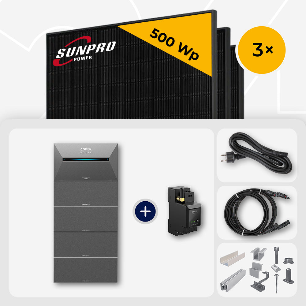 1500 Wp Balkonkraftwerk mit Speicher - 3x SunPro 500 Wp Bifazial Glas-Glas Full Black & Anker Solix Solarbank 2 Pro
