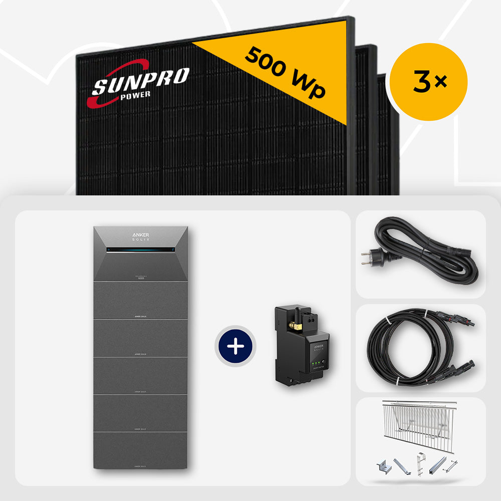 1500 Wp Balkonkraftwerk mit Speicher - 3x SunPro 500 Wp Bifazial Glas-Glas Full Black & Anker Solix Solarbank 2 Pro