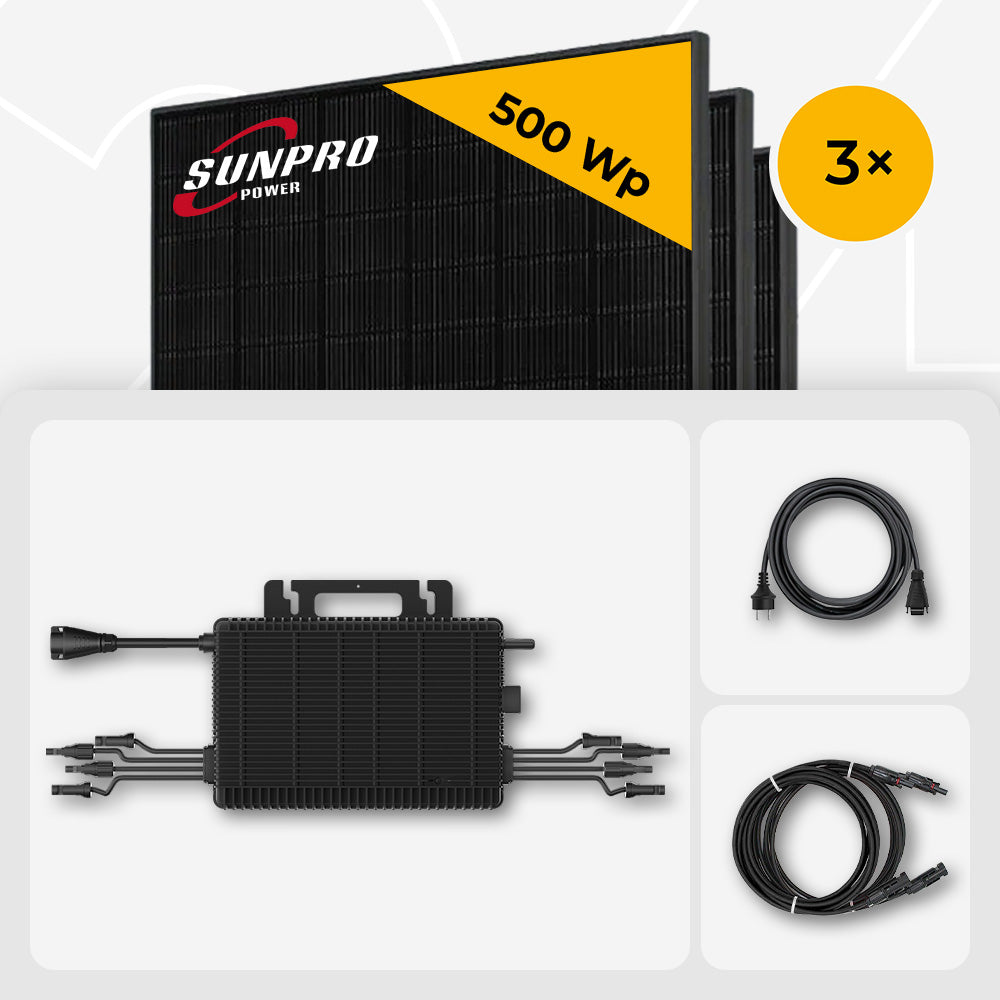 1500 Wp Balkonkraftwerk - 3x SunPro 500 Wp Full Black bifazial & Hoymiles HMS-1600-4WB HF-Pro Wechselrichter