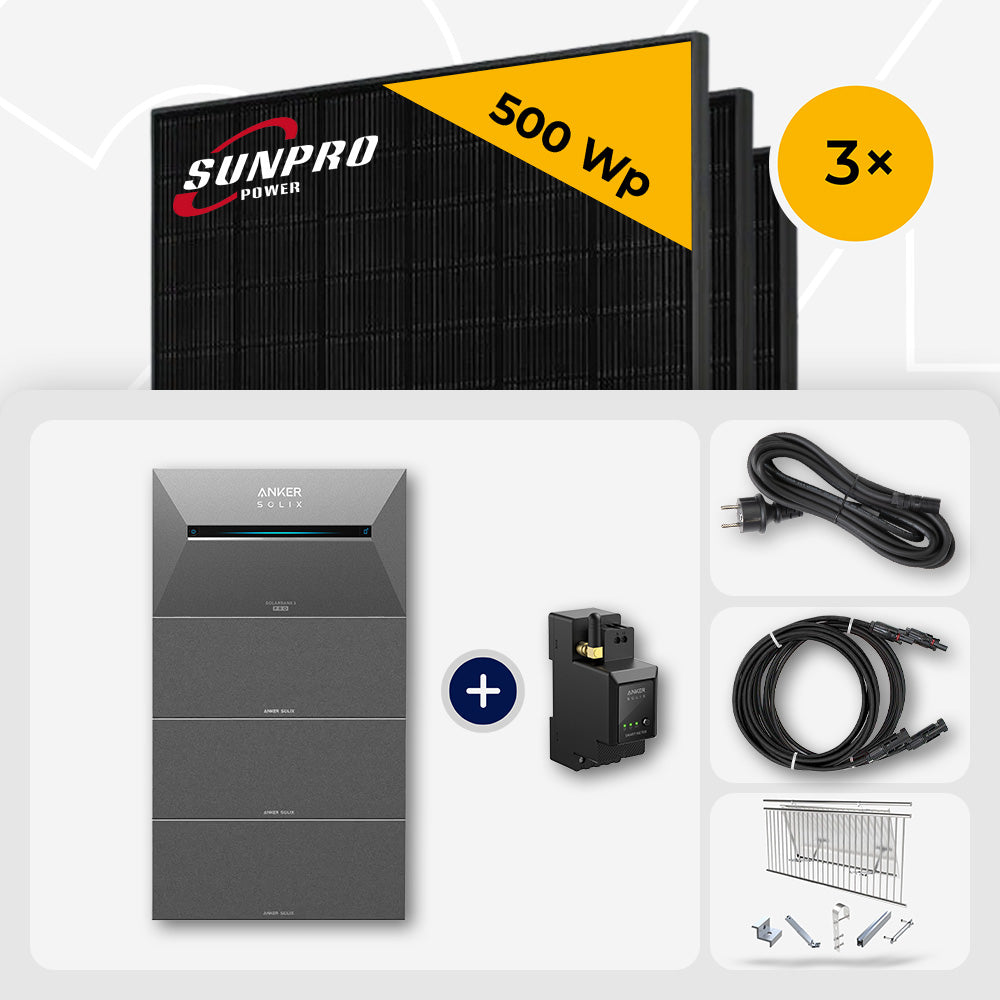 1500 Wp Balkonkraftwerk mit Speicher - 3x SunPro 500 Wp Full Black bifazial & Anker Solix Solarbank 3 Pro