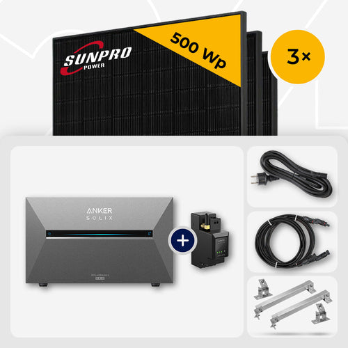 3x SunPro 500 Wp Full Black bifazial & Anker Solix Solarbank 3 Pro 2.68 kWh - Flachdach/Wand Edelstahl