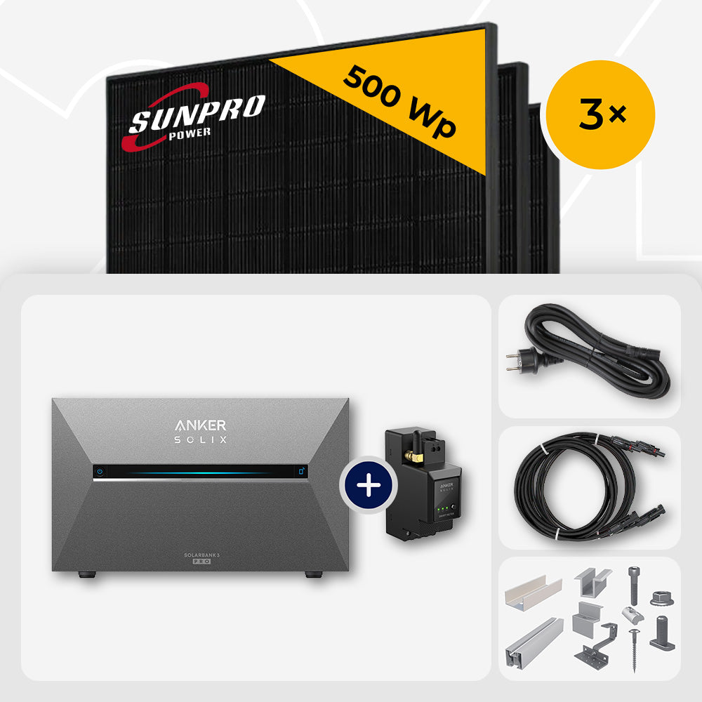 1500 Wp Balkonkraftwerk mit Speicher - 3x SunPro 500 Wp Full Black bifazial & Anker Solix Solarbank 3 Pro