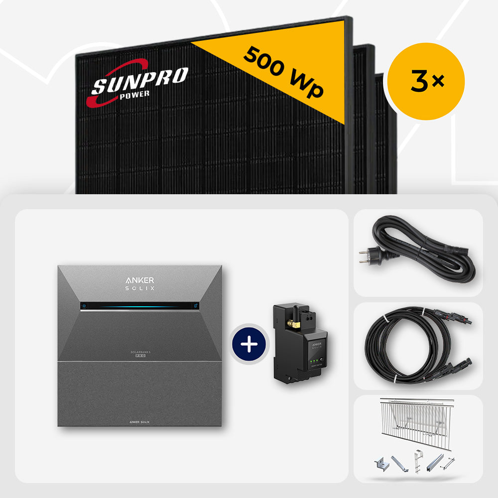 1500 Wp Balkonkraftwerk mit Speicher - 3x SunPro 500 Wp Full Black bifazial & Anker Solix Solarbank 3 Pro