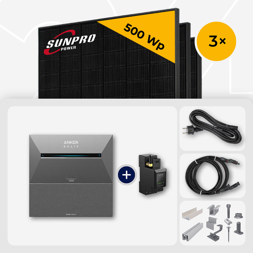 1500 Wp Balkonkraftwerk mit Speicher - 3x SunPro 500 Wp Full Black bifazial & Anker Solix Solarbank 3 Pro
