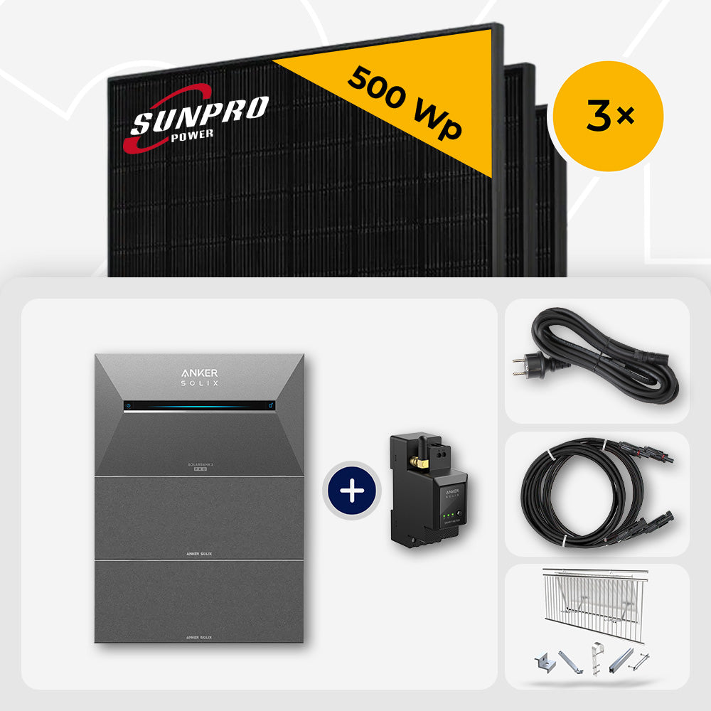 1500 Wp Balkonkraftwerk mit Speicher - 3x SunPro 500 Wp Full Black bifazial & Anker Solix Solarbank 3 Pro