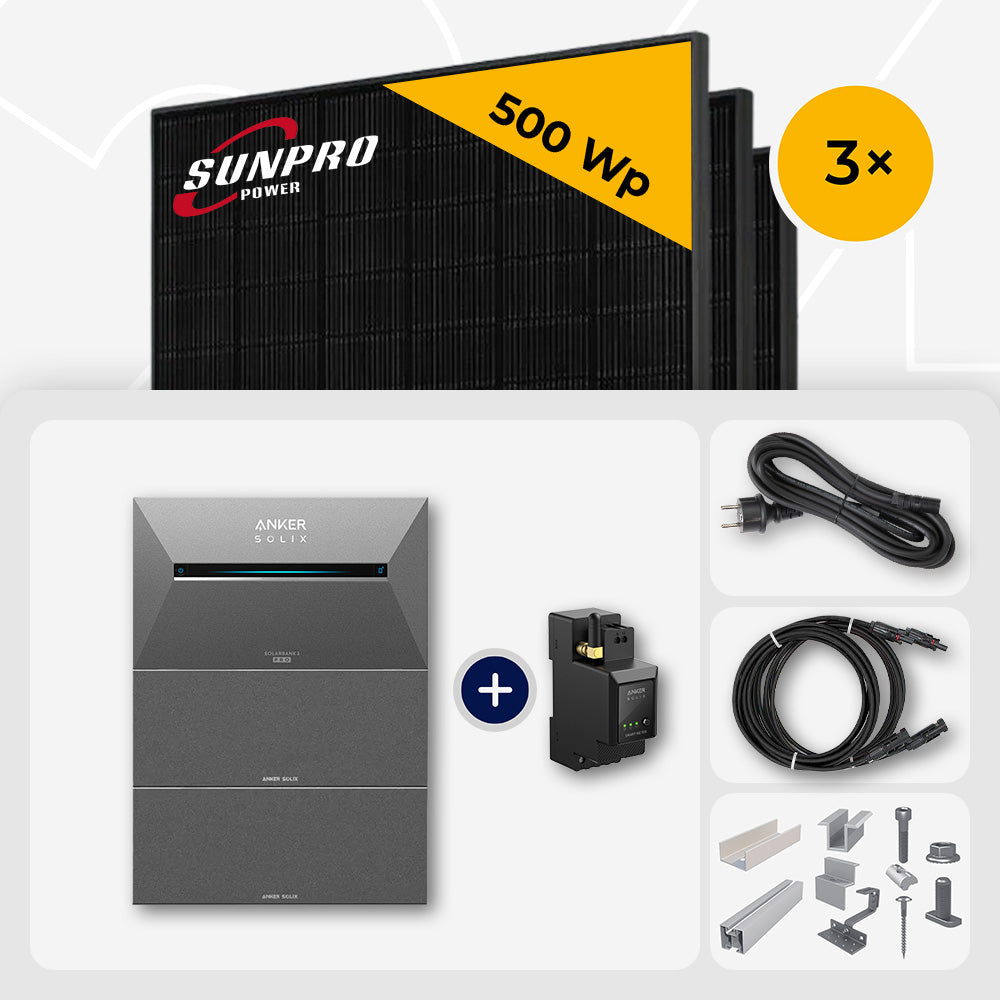 1500 Wp Balkonkraftwerk mit Speicher - 3x SunPro 500 Wp Full Black bifazial & Anker Solix Solarbank 3 Pro