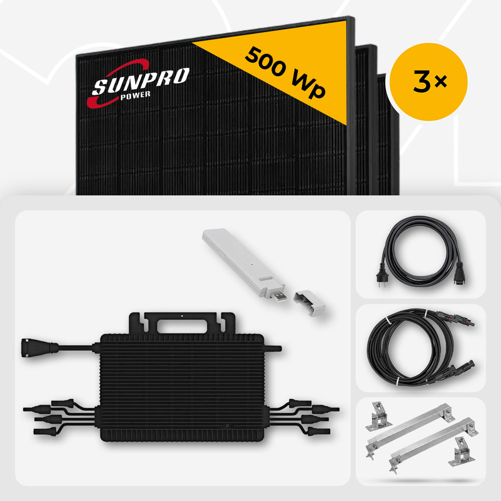 3x SunPro 500 Wp Full Black bifazial & Hoymiles HMS-1600-4T Wechselrichter inkl. DTU WLITE-S - Flachdach/Wand Edelstahl