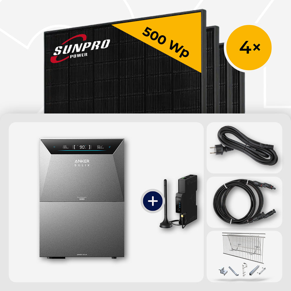 2000 Wp Balkonkraftwerk mit Speicher – 4x SunPro 500 Wp Full Black bifazial & Anker Solix Solarbank 4 Pro