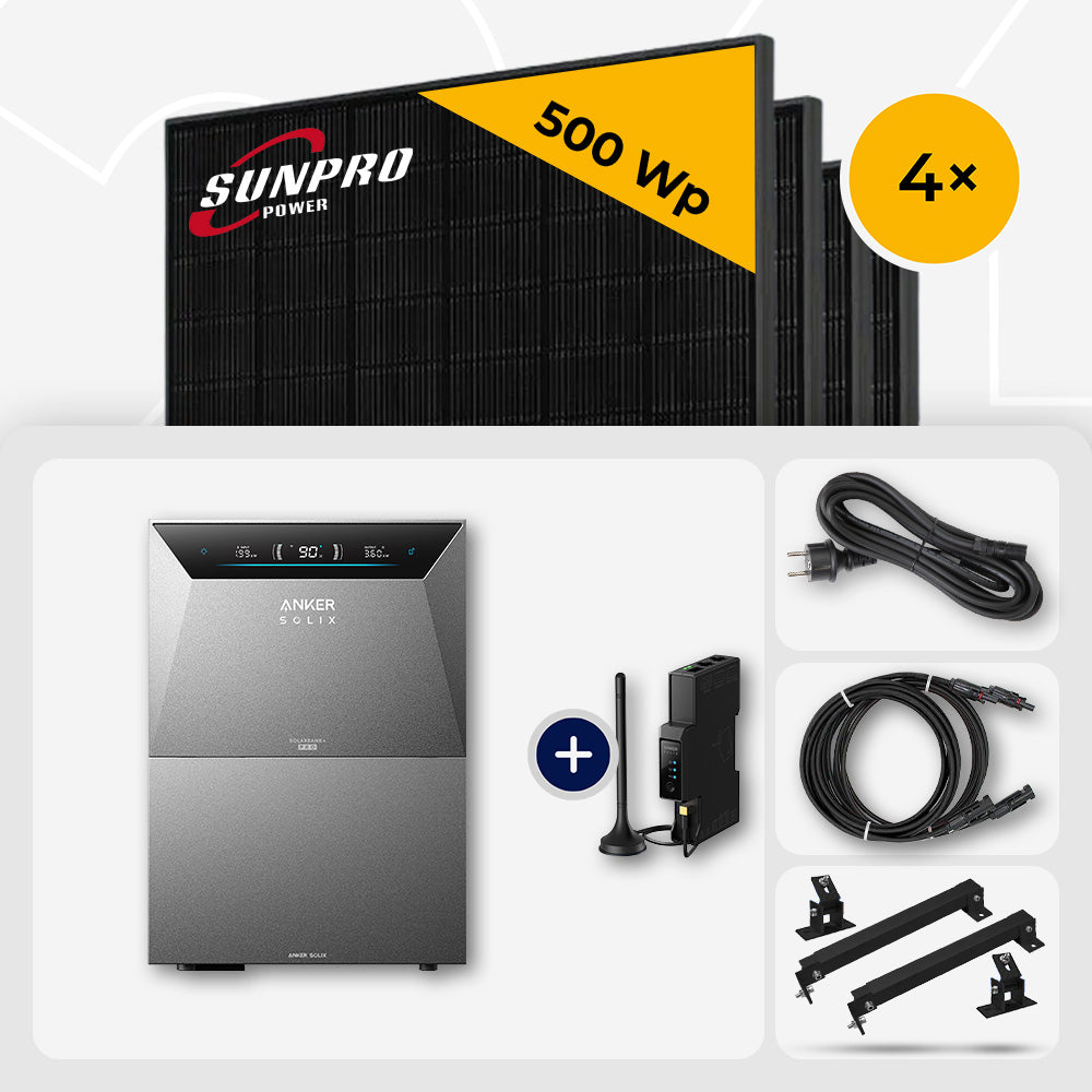 2000 Wp Balkonkraftwerk mit Speicher – 4x SunPro 500 Wp Full Black bifazial & Anker Solix Solarbank 4 Pro